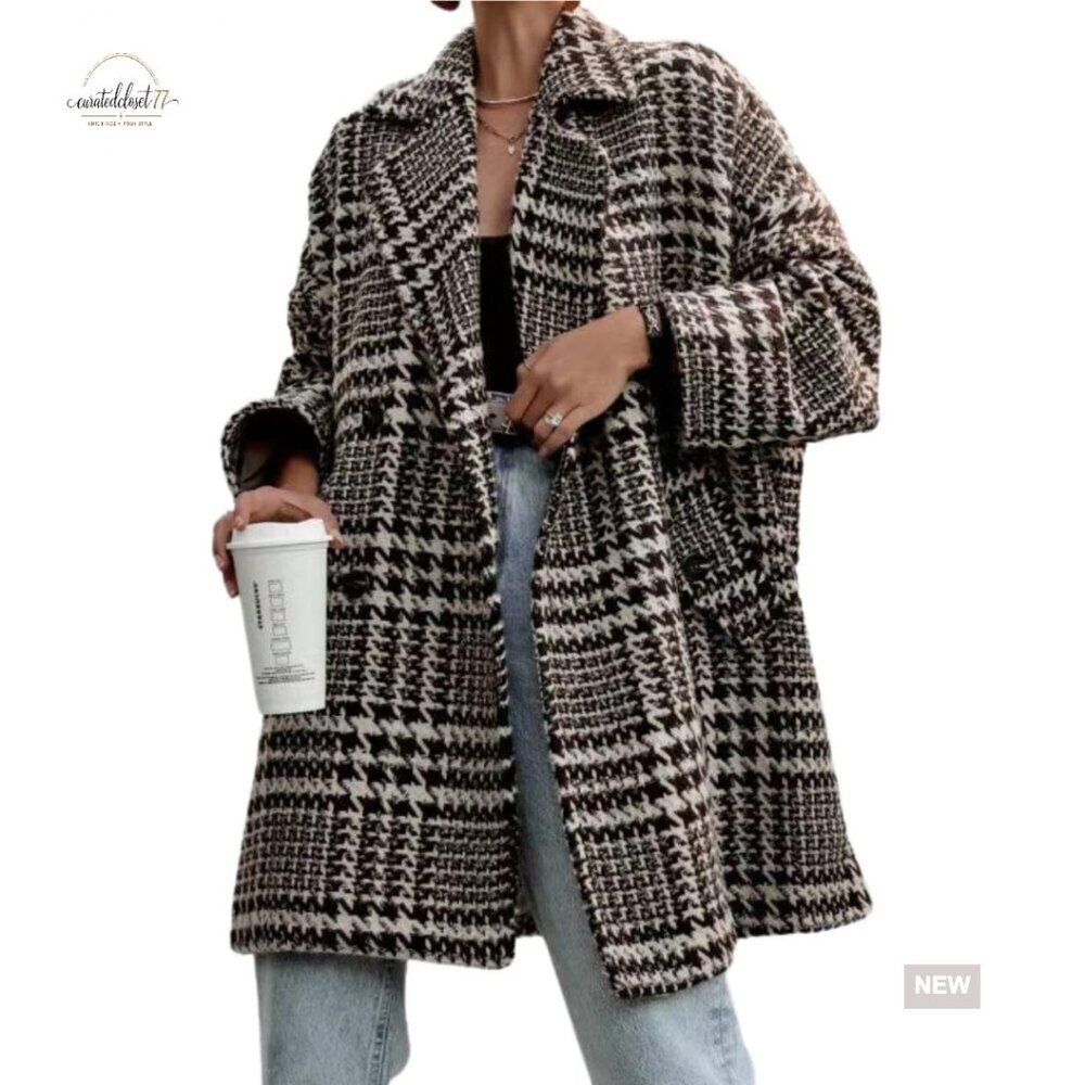 Wool Blend Pea Coat Double Breasted Notch Lapel Loose Fit Mid Long Winter Coat